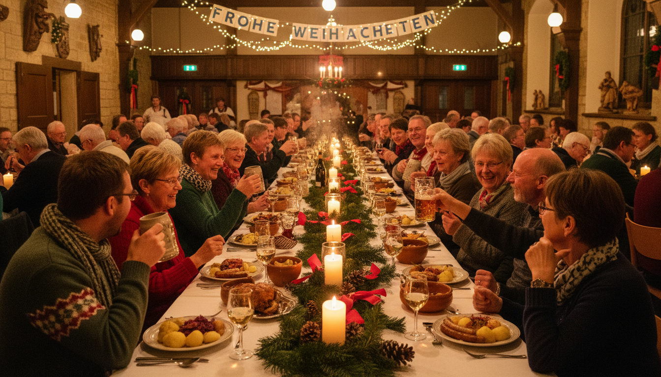 Guests seated at a long candlelit dinner table