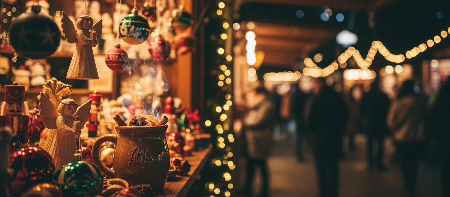 Christmas market stall glowing with festive lights