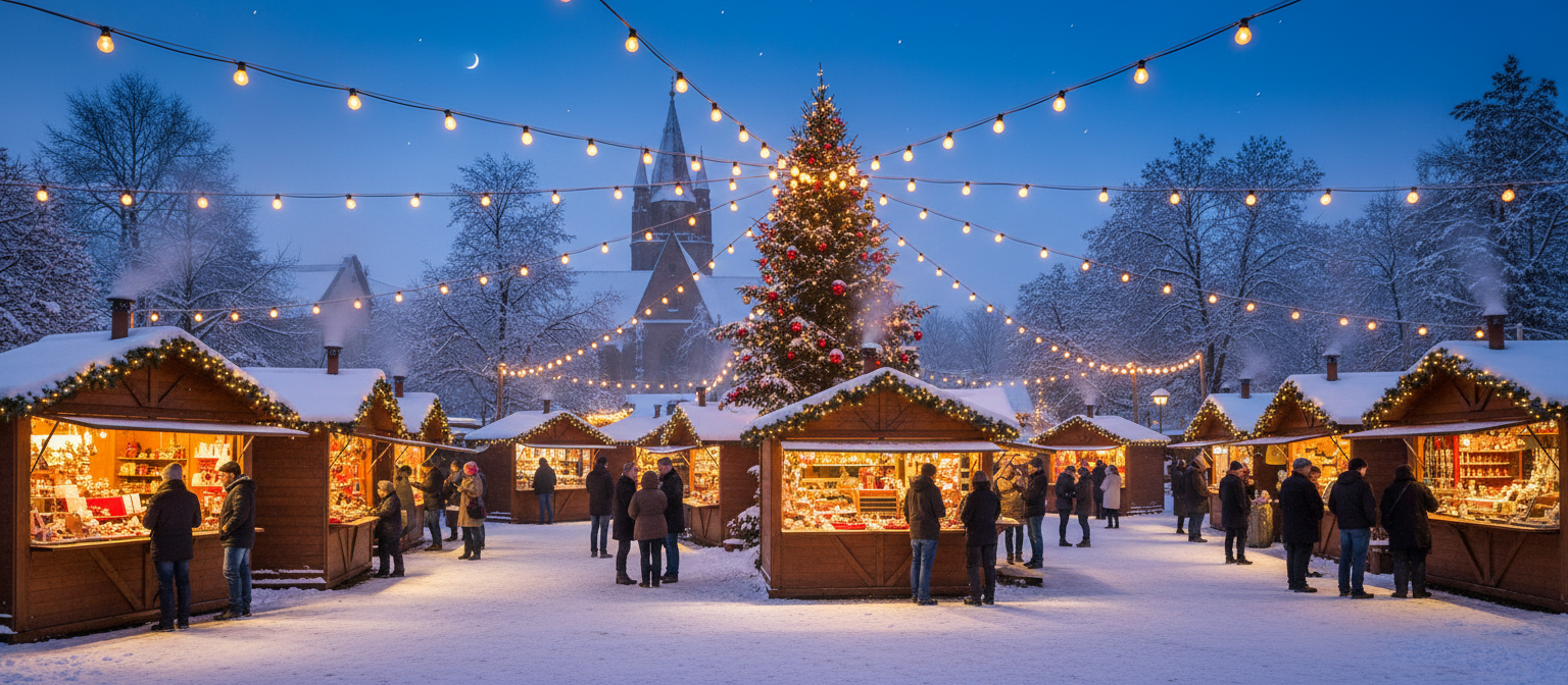 Vendor stalls lit up along the Markt at dusk
